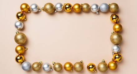 Fototapeta premium Christmas Ornament Frame: Gold and Silver Baubles on a Neutral Background