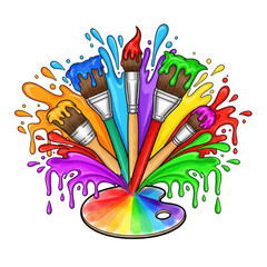 Rainbow Artist Tools PNG, Spiral Paint Brushes and Palette Knives Clipart with Watercolor Splashes, Color Wheel Creative Illustration