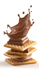 Stacked Waffle Cookies Topped with Chocolate Bars and a Splashing Chocolate Sauce on White Background