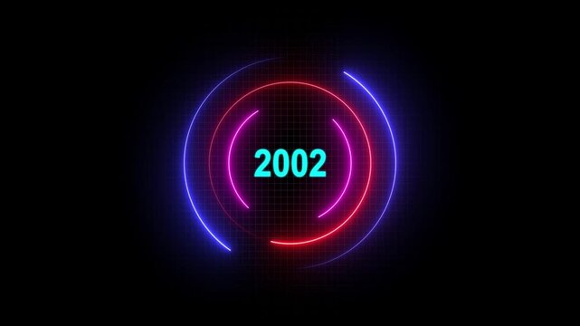 Futuristic neon light circle background with 2002 year text. Abstract glowing technology style.