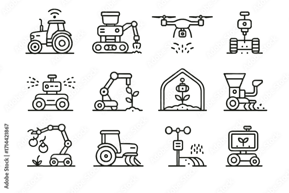 Poster irrigation autonomous tractor robot farmer sensor vector icon monitor seed soil