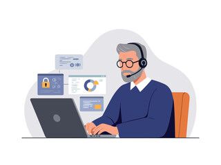 Cybersecurity analyst monitoring laptop with headset flat vector illustration