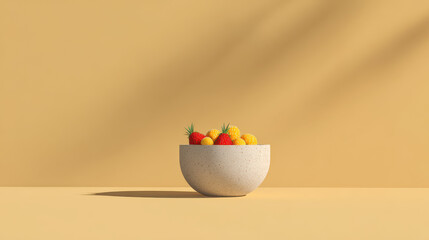 photorealistic depiction of minimalist design featuring bowl of fresh fruits arranged elegantly against clean solid