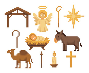 Nativity scene pixel icon set. featuring angel, manger, star, shepherd, donkey, camel, and cross symbols