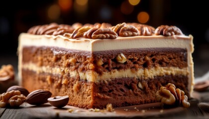 A Slice Of Coffee And Walnut Cake With A Shallow Depth Of Field