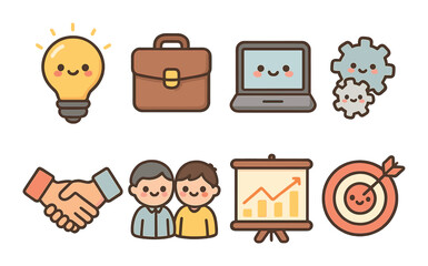 Business and technology flat icon set. featuring lightbulb, briefcase, laptop, gears, handshake, teamwork, growth chart, target