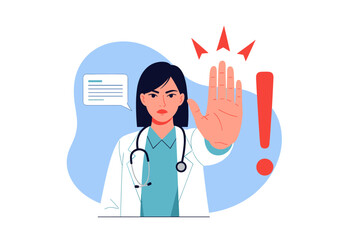 Doctor showing stop hand gesture warning about medical issues.