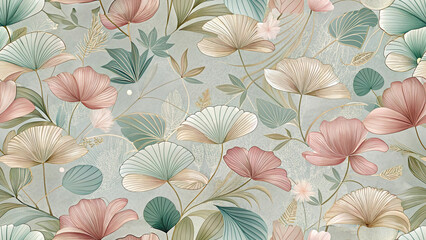 Fototapeta premium Kimono Petals Japanese Floral Seamless Pattern, gold-outlined ginkgo fan leaves and lotus on sage pastels, elegant wagara botanical repeat wallpaper and textile background
