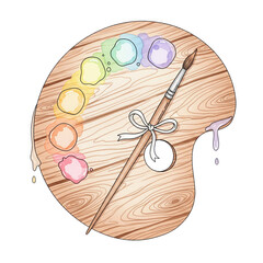 Watercolor Wooden Palette PNG, Rainbow Paint Illustration with Brush and Ribbon, Soft Pastel Artist Clipart for Creative Projects