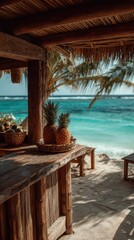 Obraz premium Rustic beach bar countertop displays fresh coconuts and pines, overlooking the tranquil turquoise ocean on a sunny day in tropical paradise destination.