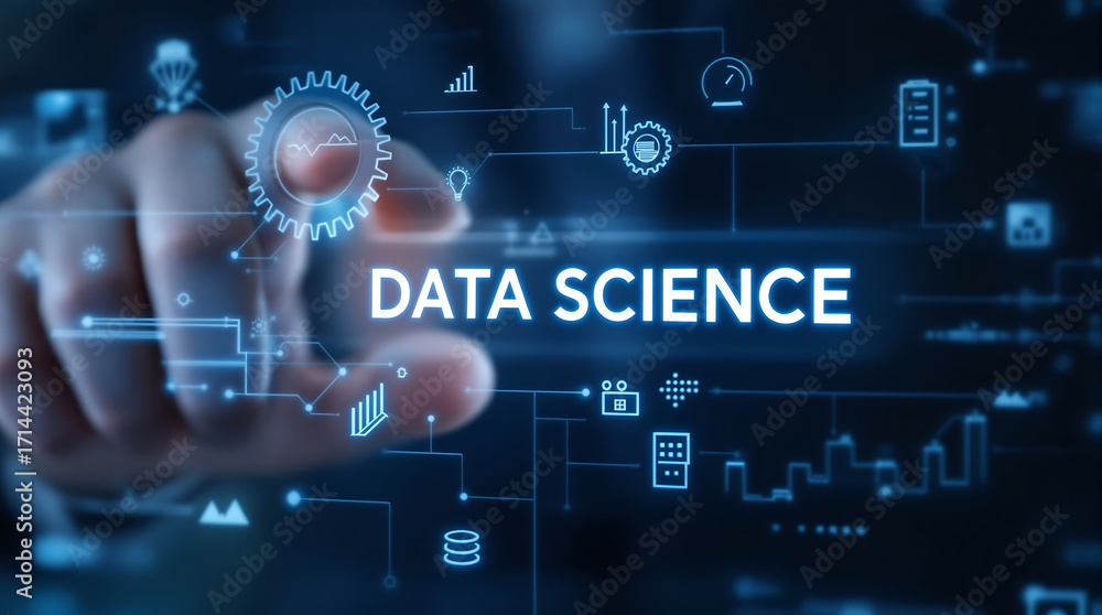 Poster data science technology and machine learning concept for business analytics and big data insights