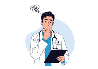 Doctor thinking with a confused expression holding a medical chart.