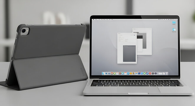 A gray tablet with a cover next to a laptop with a gray screen on a white surface in a bright room