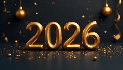 Happy New Year 2026 Greeting Card with 3D Gold Numbers, Golden Christmas Decorations, Confetti on Midnight Blue, black,green Background Elegant Festive Holiday Design.