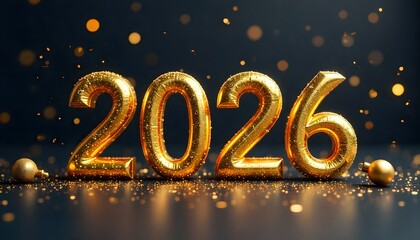 Happy New Year 2026 Greeting Card with 3D Gold Numbers, Golden Christmas Decorations, Confetti on Midnight Blue, black,green Background Elegant Festive Holiday Design.