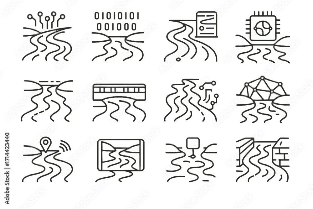 Poster cyber responsive vector icon sensors canal stream icons path futuristic river bridge