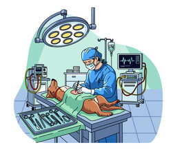 Vector illustration of a veterinarian performing surgery on a dog in an operating room with medical tools, monitor, and surgical lights