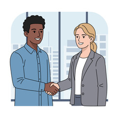 Vector illustration of an African American male office worker shaking hands with a Caucasian female colleague, smiling during a business meeting