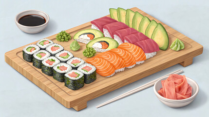 Sushi set with salmon, tuna and avocado on wooden board