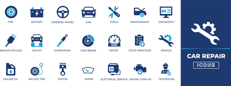 Car repair icon set - service, car mechanic, car, and auto parts icon collection. 