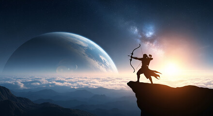 Image is a digital artwork featuring a dramatic and fantastical scene. The layout is a wide landscape with a silhouetted figure of an archer standing on a rocky cliff, aiming a bow and arrow towards t