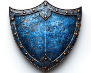 A decorative, metallic blue shield, with aged bronze details