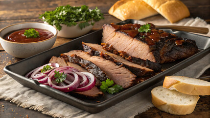 Homemade sliced barbecue beef brisket with sauce and red onions