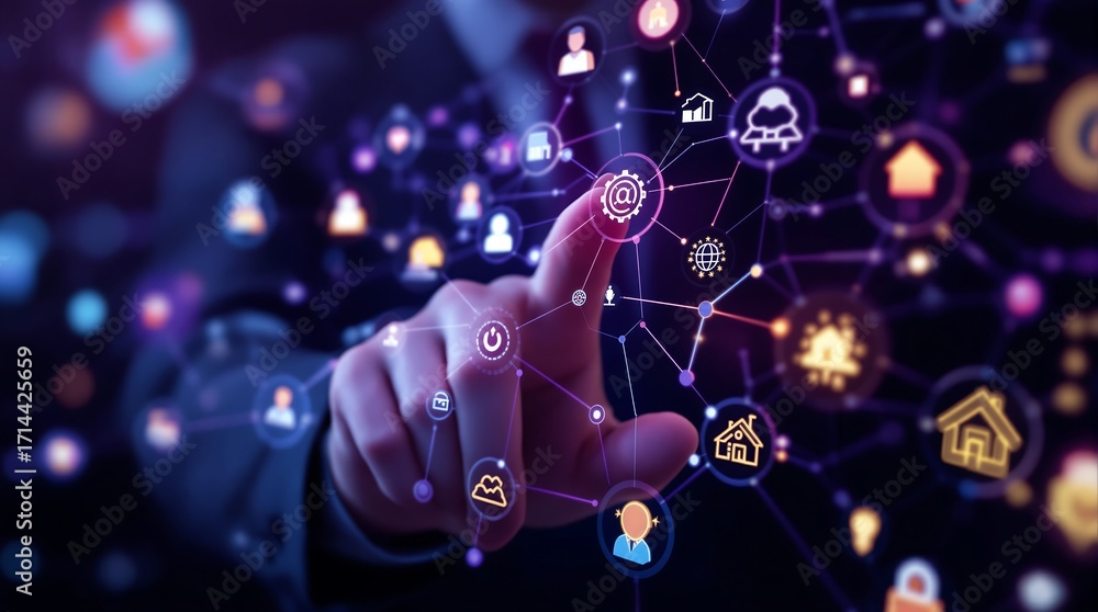 Poster exploring the future of technology connecting people and devices with innovative digital solutions t