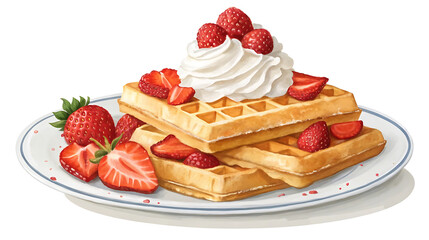 Illustration of waffles with strawberries and cream isolated on white background