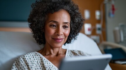Woman using laptop in hospital room