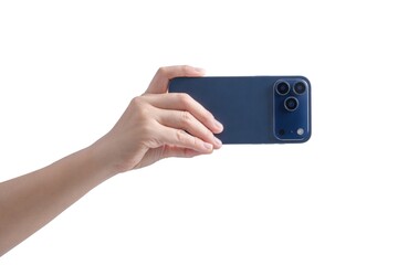 A person is holding a blue iPhone in their hand