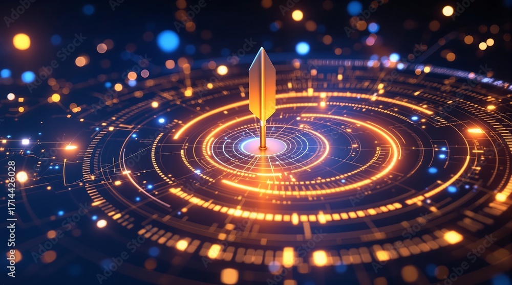 Poster golden spear on digital technology background with circular pattern and glowing light effects design