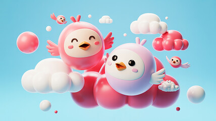 Adorable 3D Rendered Illustration of Two Playful Pink Birds Soaring Among Fluffy Clouds in a Dreamy Sky