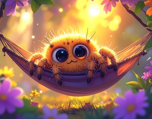 Fluffy orange spider resting in a hammock surrounded by flowers