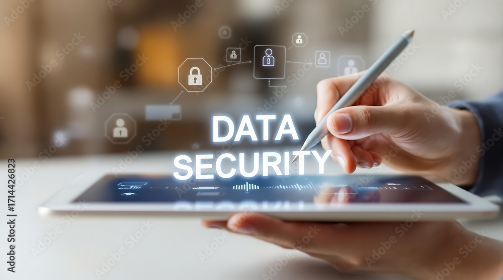 Poster data security concept with tablet and stylus for online protection and privacy cyber security soluti