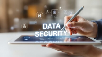 Data security concept with tablet and stylus for online protection and privacy cyber security solutions