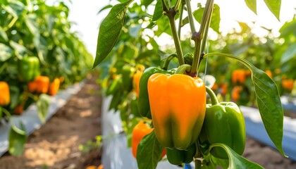 Orange bell peppers growing in rows