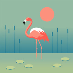 Flamingo with Lily Pads and Reeds