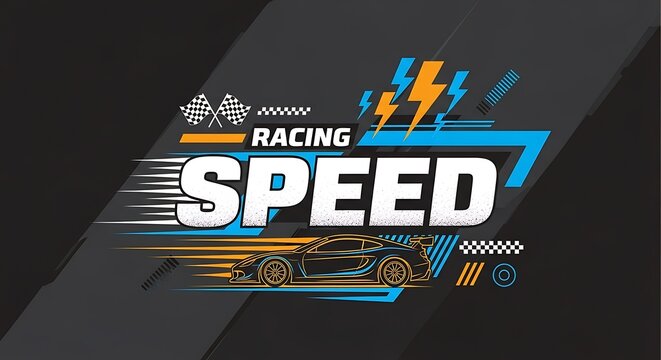 Dynamic Racing Speed Graphic with Sports Car and Lightning Bolts.