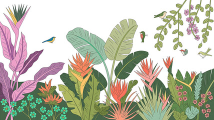 Fototapeta premium Digital art illustration of a vibrant garden with exotic flowers and birds, creating a lively scene