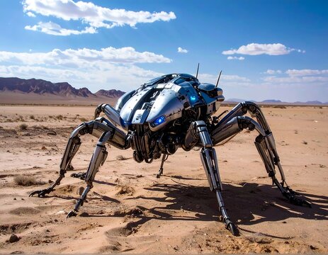 Metallic spider-like robot in desert