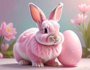 Fluffy pink Easter bunny with pastel egg