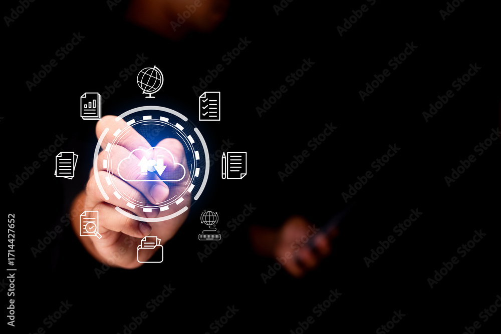 Poster a hand interacts with digital icons representing technology and data, suggesting a connection or con
