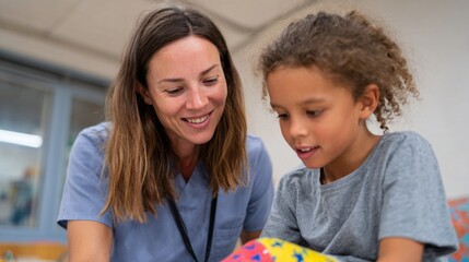Nurse and child in classroom setting.