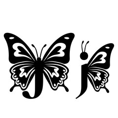 Capital and lowercase letter J with butterfly wings in black and white illustration design style