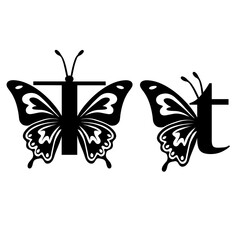 Capital and lowercase letter T with butterfly wings in black and white illustration design style