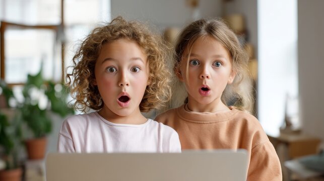 Two children excitedly looking at a laptop screen. - Powered by Adobe