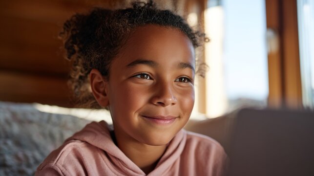 Girl using laptop indoors.