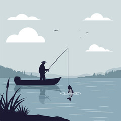 Naklejka premium Fishing scene shows a silhouette of a man catching a fish in a boat on a serene lake