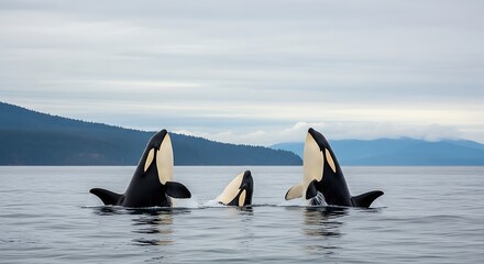 Fototapeta premium Family of Orcas Breaching in Calm Ocean Waters with Mountainous Background.